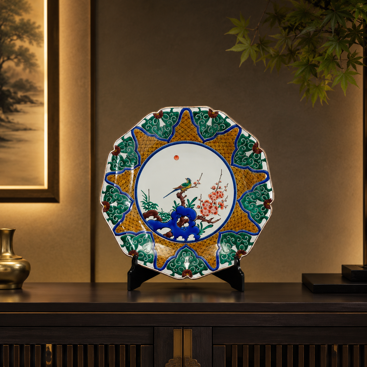 KUTANI WARE DECORATIVE PLATE SHOCHIKUBAI NI BIRD / TAMEKICHI MITSUI
