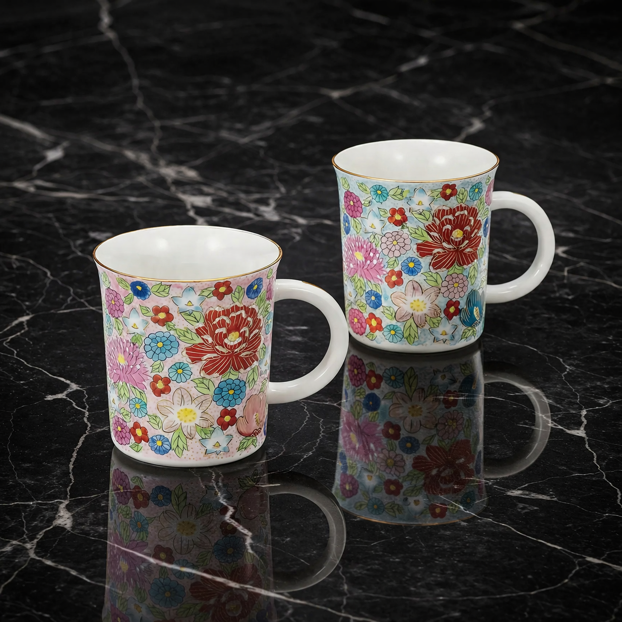 KUTANI WARE MUG CUP PAIR – HAND-PAINTED GENUINE GOLD HANA-TSUME DESIGN BY TAISHI KILN (GIFT BOX)
