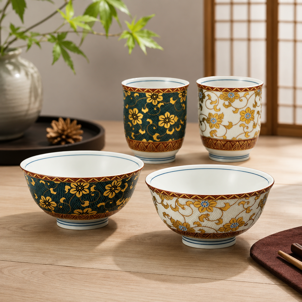 KUTANI WARE MATCHING COUPLE SET-TESEEN KARAKUSA DESIGN