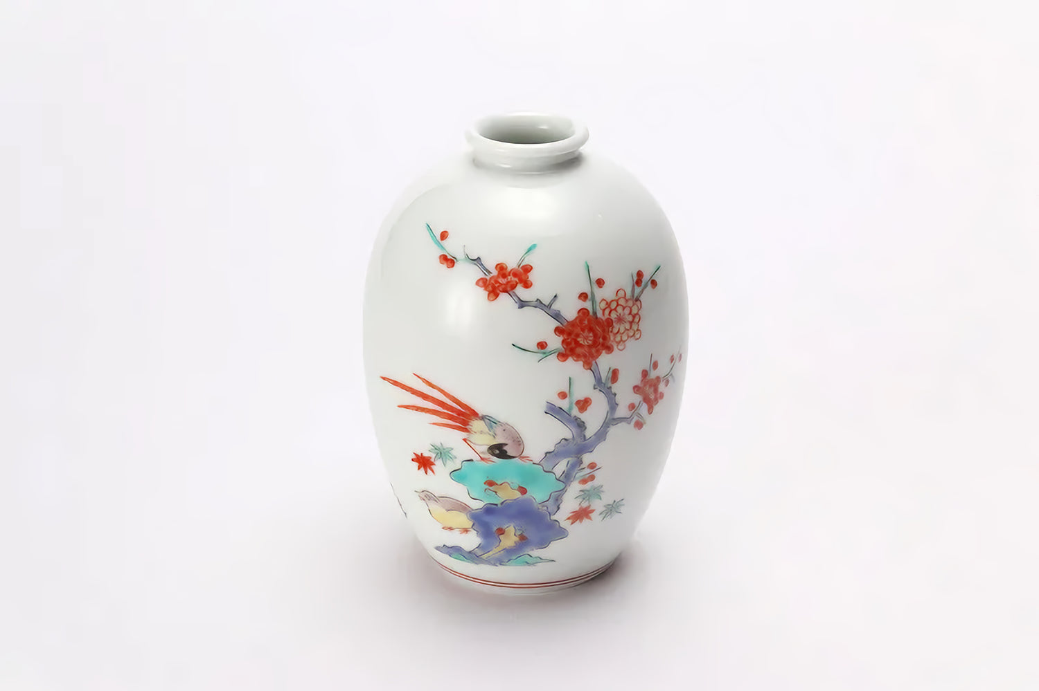 ARITA WARE NATSUME-SHAPED SINGLE FLOWER VASE – PLUM AND BIRD DESIGN / KAKIEMON KILN