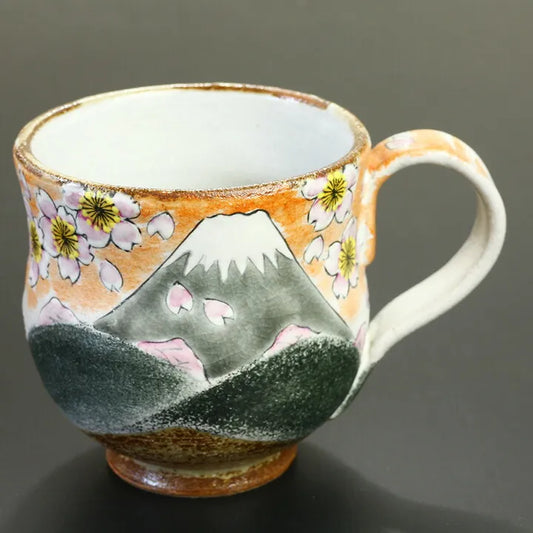 KUTANI WARE PAIR OF MUGS – HANDCRAFTED JAPANESE PORCELAIN ‘SPRING FUJI & AUTUMN FUJI’ BY YOSHINORI FUKUDA