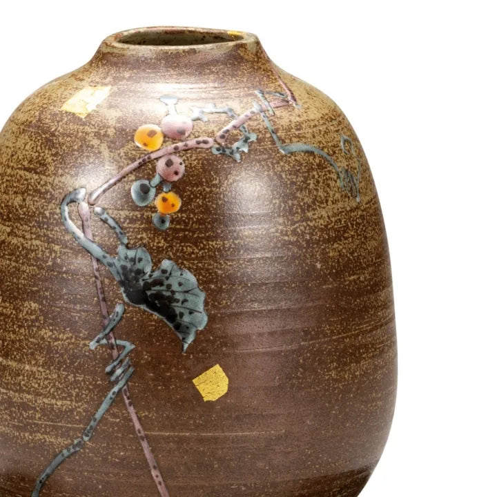 KUTANI WARE VASE WITH STAND – HAND-PAINTED JAPANESE PORCELAIN ‘WILD GRAPE’ DESIGN BY YOSHINORI FUKUDA