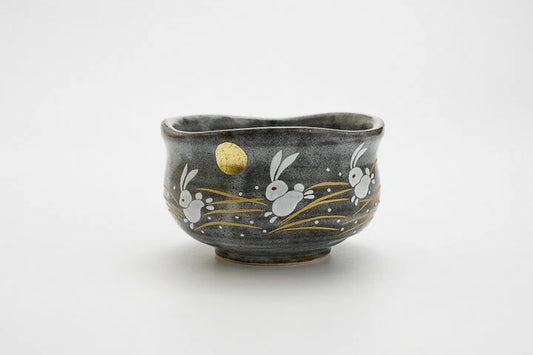 KUTANI WARE MATCHA BOWL - GOLDEN MOON AND RABBIT DESIGN, JAPANESE TEA CEREMONY CHAWAN