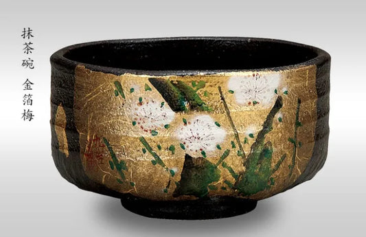 JAPANESE KUTANI MATCHA BOWL WITH GOLD LEAF PLUM DESIGN BY TOYOSHI YAMADA