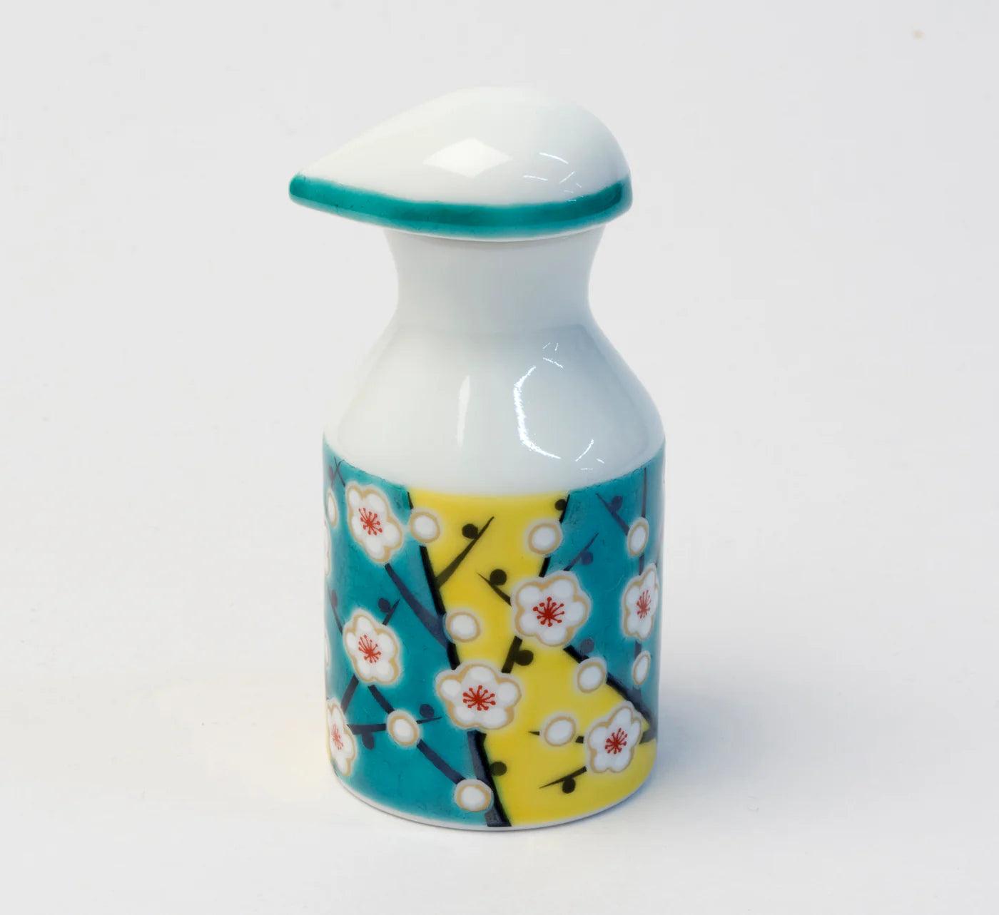 KUTANI WARE PATTERNED SOY SAUCE DISPENSER PLUM DESIGN SEIKOU KILN, JAPANESE CERAMIC SAUCE CONTAINER