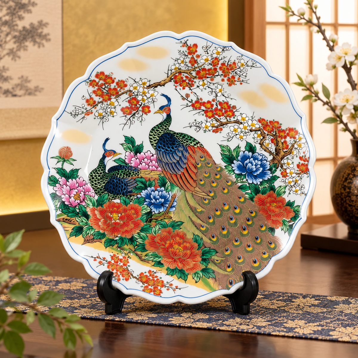 KUTANI WARE DECORATIVE PLATE - PEONY AND PEACOCK