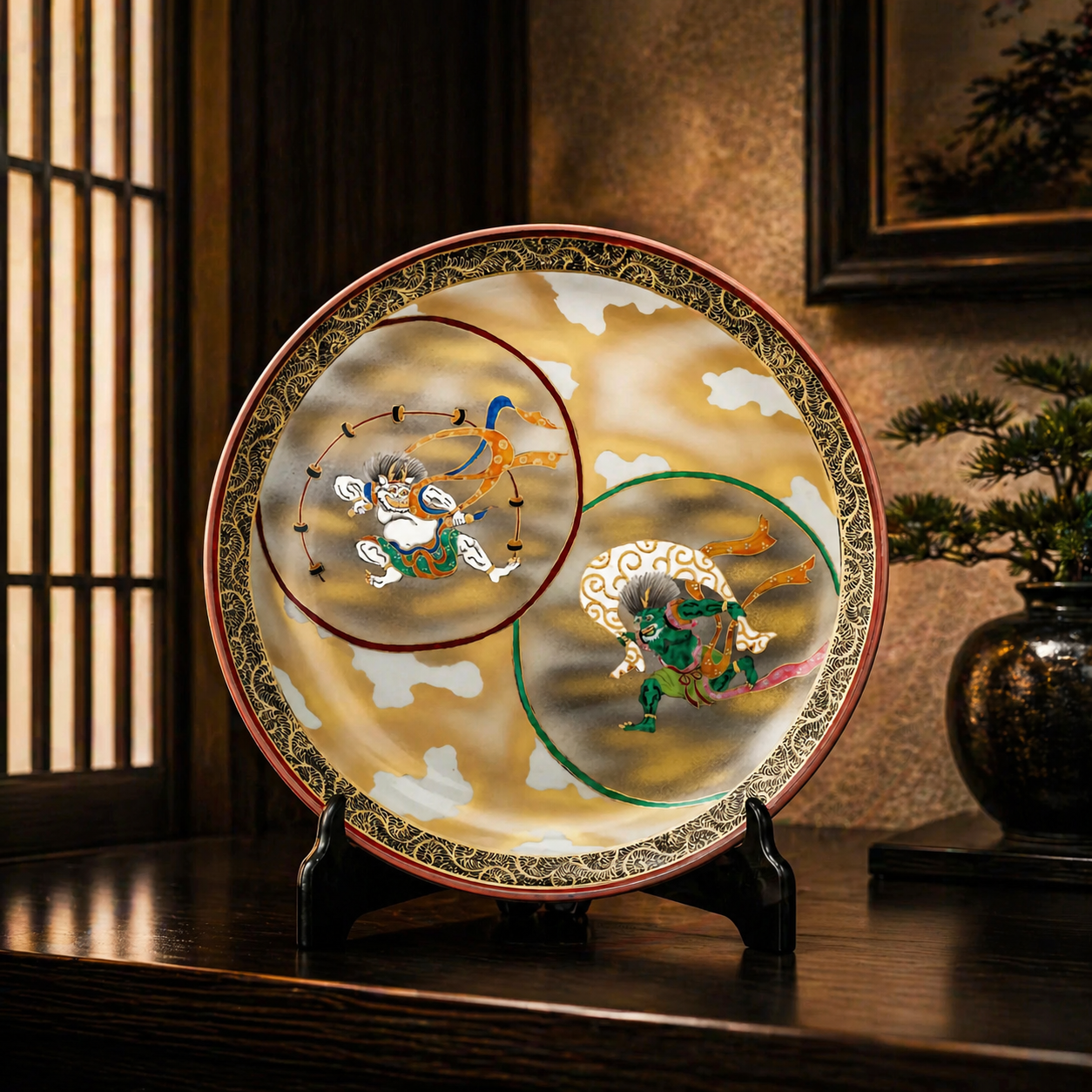 KUTANI WARE DECORATIVE PLATE – FUJIN & RAIJIN BY TAKA TOSHIFUMI (WITH STAND, WOODEN BOX WITH CORD)