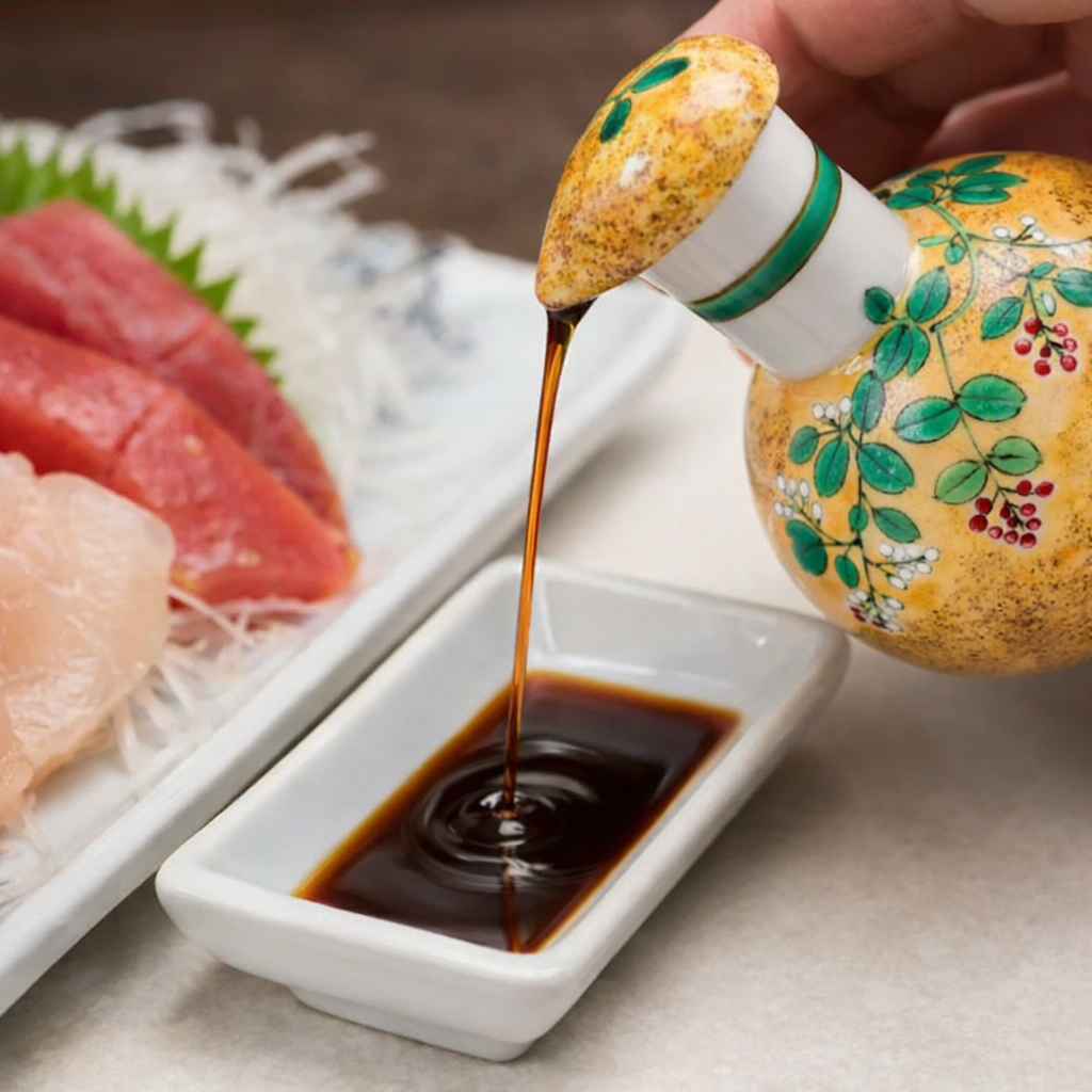 KUTANI WARE SOY SAUCE DISPENSER (SMALL)YOSHIDAYA HAGI DESIGN, BIZAN KILN, JAPANESE CERAMIC SAUCE CONTAINER