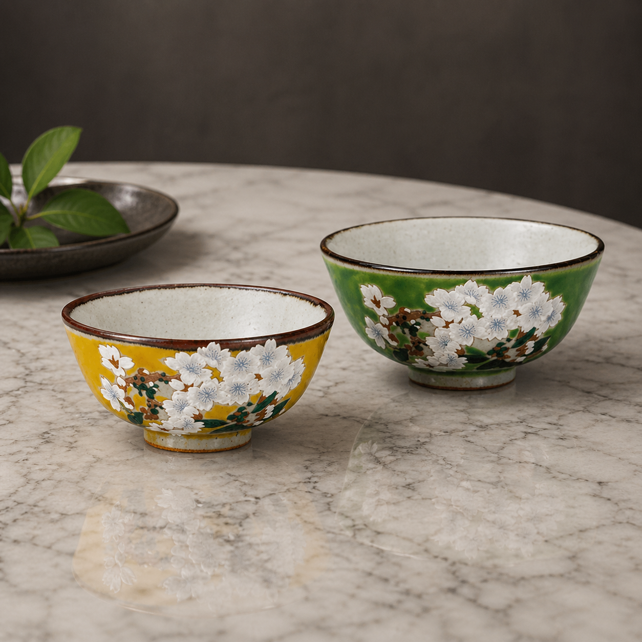 KUTANI WARE JAPASNESE PAIR RICE BOWLS “SAKURA”