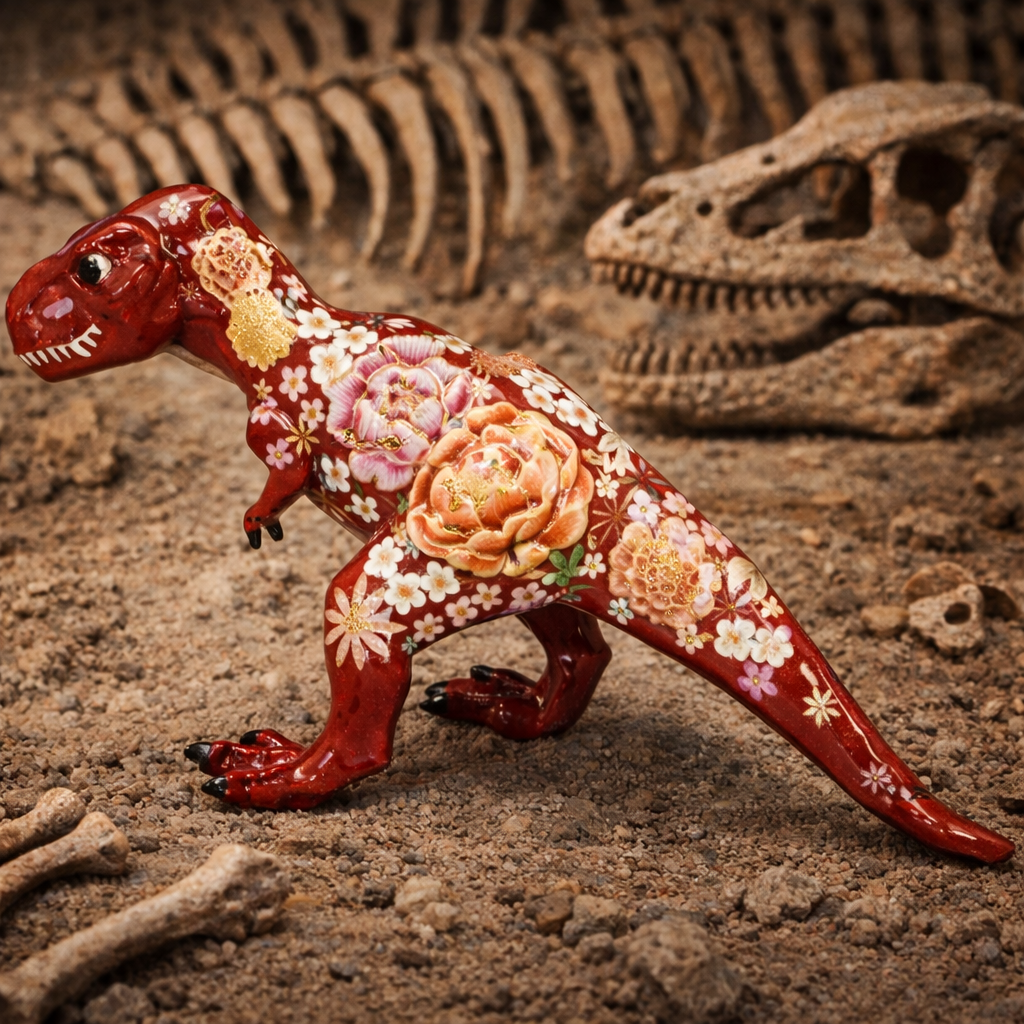 KUTANI WARE FIGURINE TYRANNOSAURUS AKA HANA-ZUME BY YUKIO NISHI