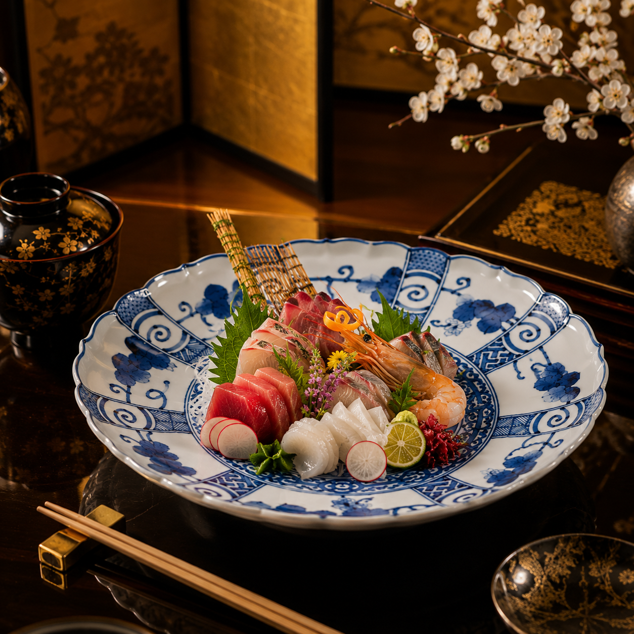 (IMPERIAL HOUSEHOLD PURVEYOR)KUTANI WARE LARGE PLATE “SEIKA HOJU KARAKUSA KACHO” / CHOZA YAMAMOTO