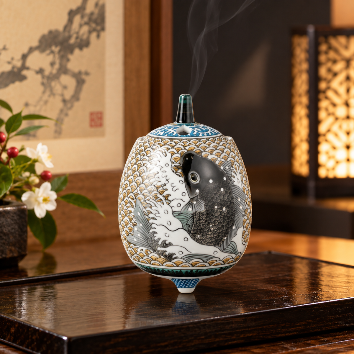 KUTANI WARE INCENSE BURNER – NOBORI KOI (CARP CLIMBING THE WATERFALL) / YOSHINORI FUKUDA
