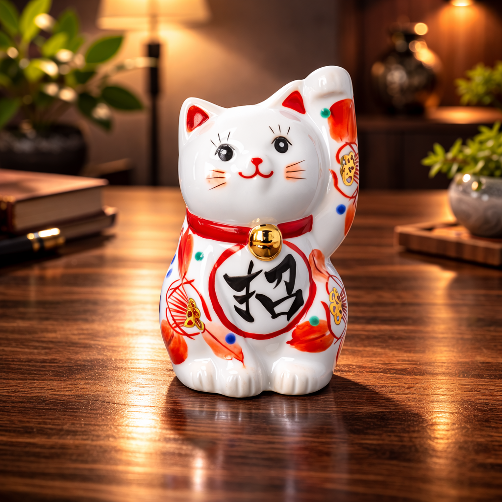KUTANI WARE LUCKY CAT(MANEKI NEKO) AKAE TSUBAKI( LEFT HAND)/KOKUZOU KLIN