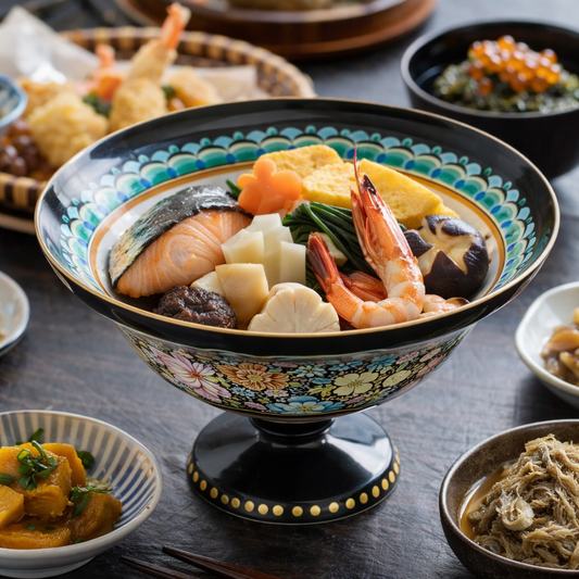 KUTANI WARE PEDESTAL PLATE – IROE KINRAN HANA-ZUME BY TAKAFUMI TAKA, JAPANESE PORCELAIN