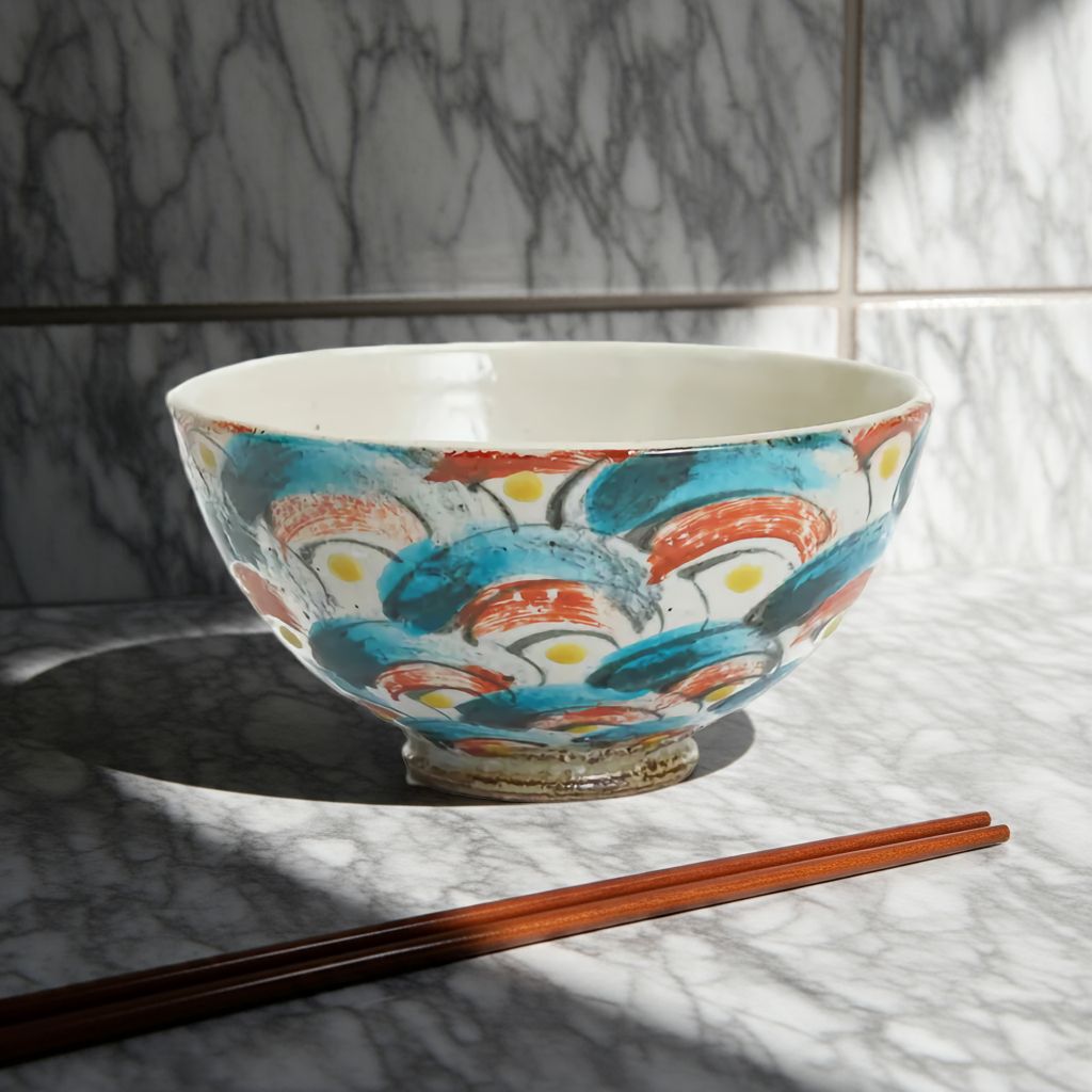 KUTANI JAPANESE SINGLE RICE BOWL - TRADITIONAL INDIGO BLUE SEIGAIHA PATTERN/ KOKUZOU KLIN