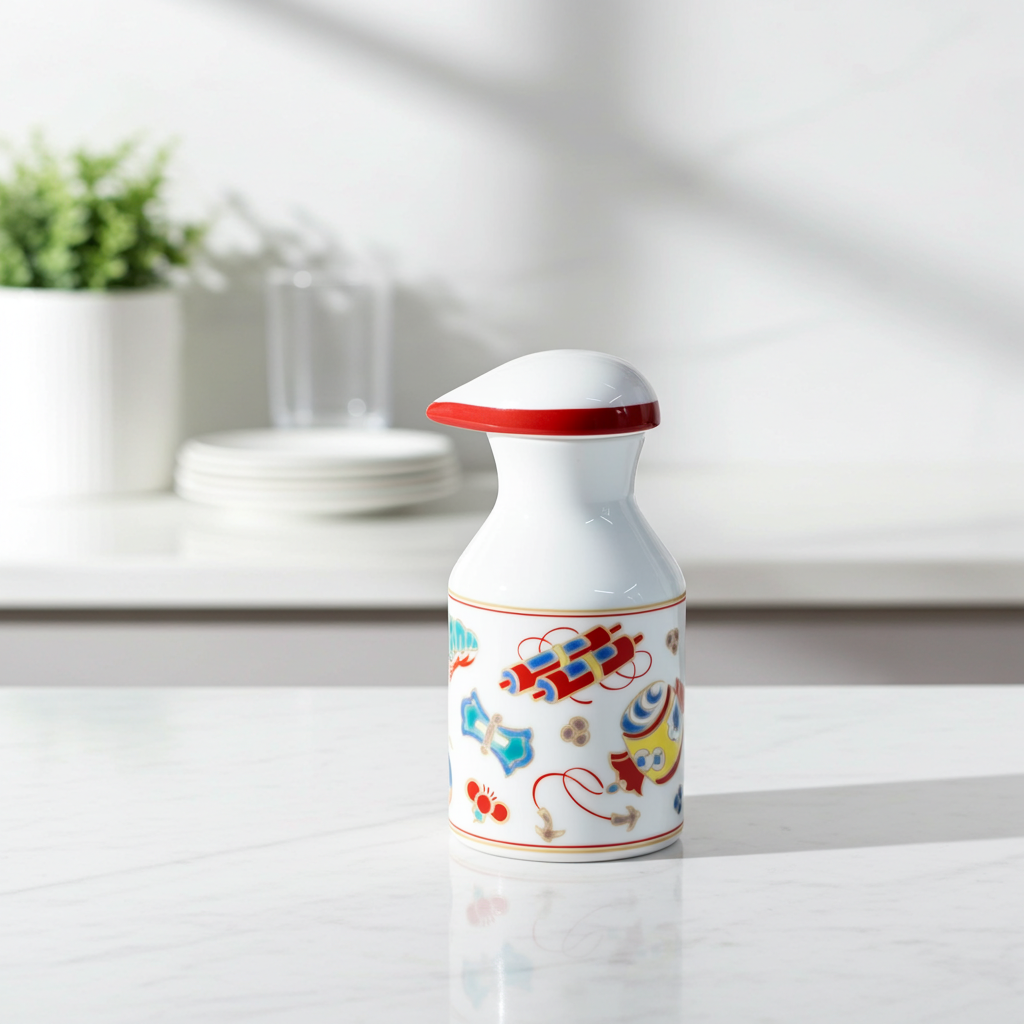 KUTANI PATTERNED SOY SAUCE DISPENSER TAKARA DESIGN SEIKOU KILN, JAPANESE CERAMIC SAUCE CONTAINER