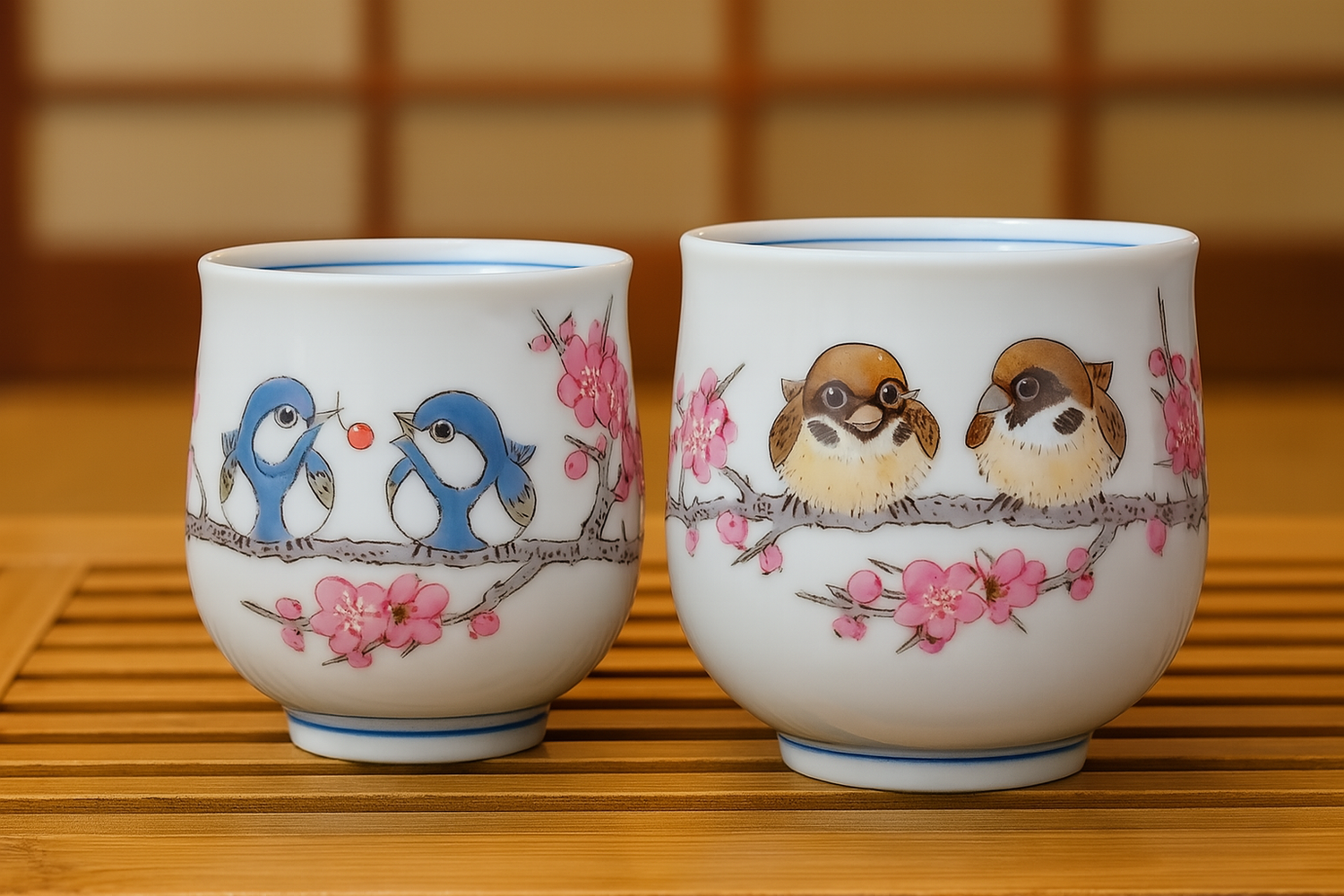 KUTANI JAPANESE YUNOMI SET SPARROW.JAPANESE TIT