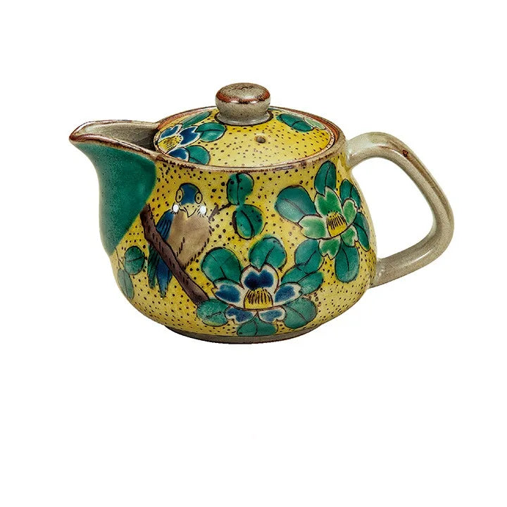 KUTANI WARE JAPNESE TEAPOT (YOSHIDAYA STYLE)CAMELLIA AND BIRD DESIGN (WITH NETTING)