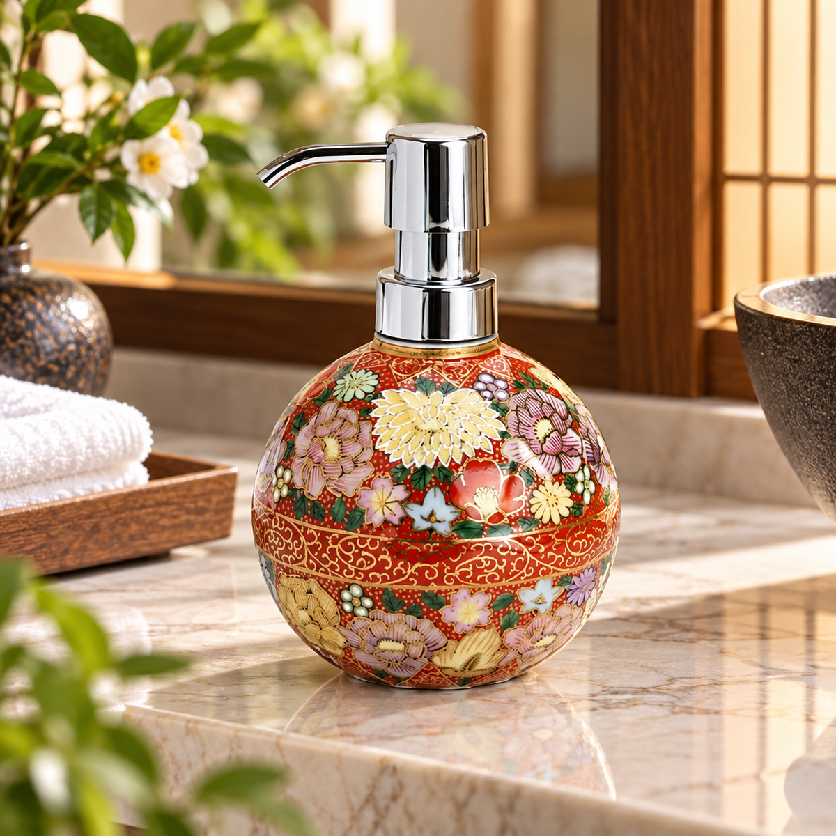 KUTANI WARE SOAP BOTTLE, HANAZUME / TAISHI KILN