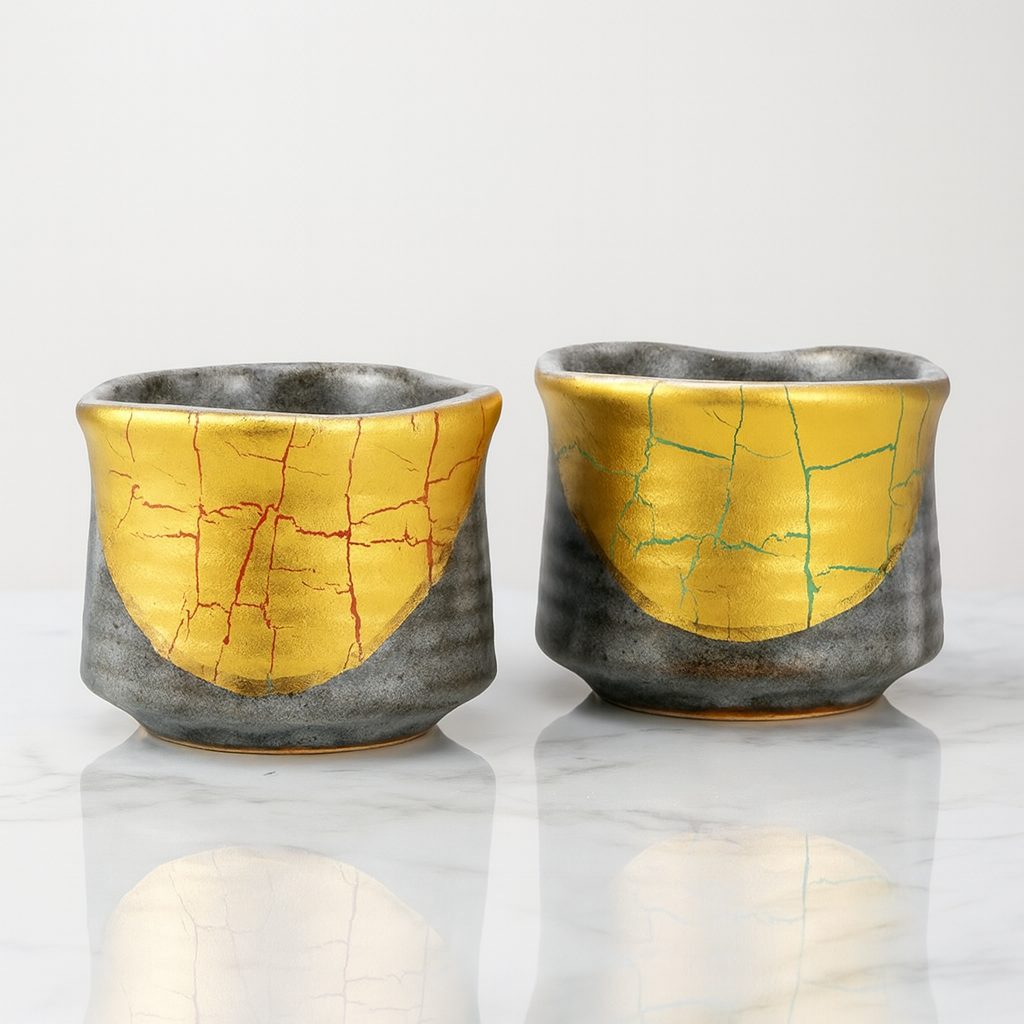 JAPANESE KUTANI WARE SAKE CUP SET – GOLD LEAF DECORATION