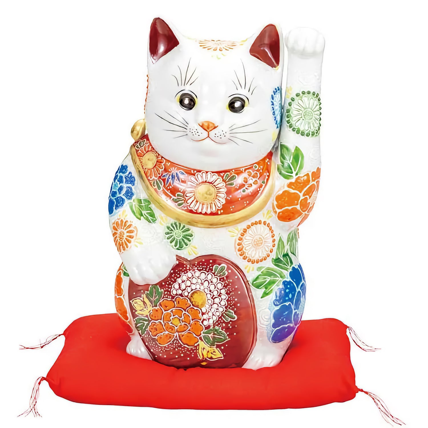 KUTANI JAPANESE LUCKY CAT (MANEKI NEKO) HOLDING A KOBAN COIN WITH "WHITE DECORATION