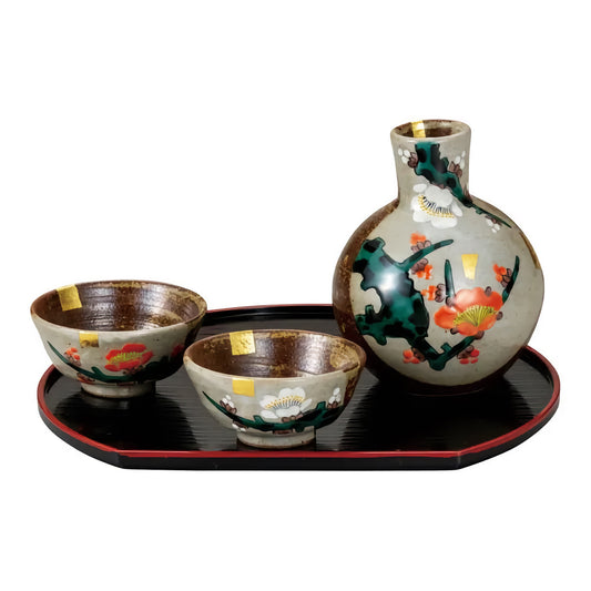 KUTANI JAPANESE SAKE SET RED AND WHITE PLUM BLOSSOMS/YOSHINORI FUKUDA