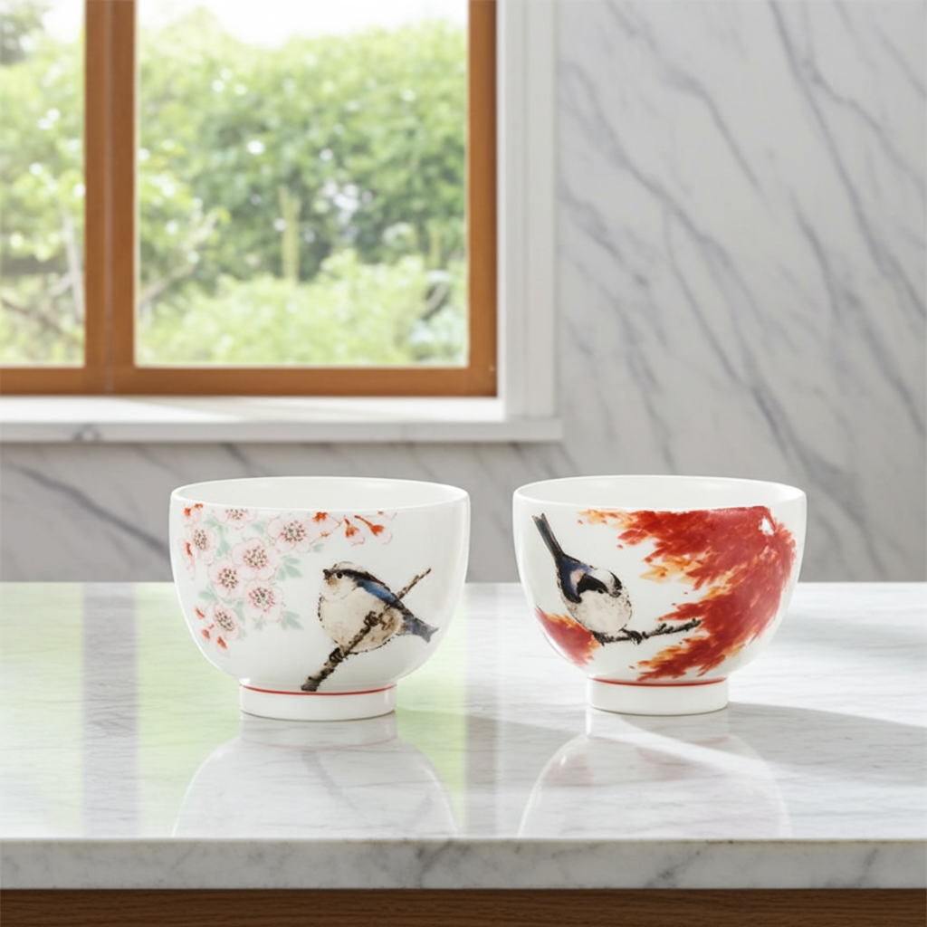 KUTANI WARE PAIR GUINOMI (SAKE CUPS) “SPRING & AUTUMN” BY TOSHITO NAKAMURA WOODEN BOX