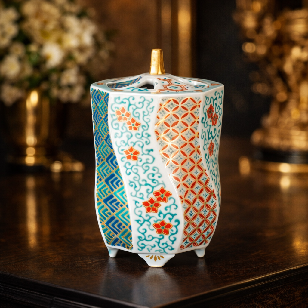 KUTANI WARE TWISTED INCENSE BURNER – NINSEI-STYLE“WARITORI KARAKUSA KOMON