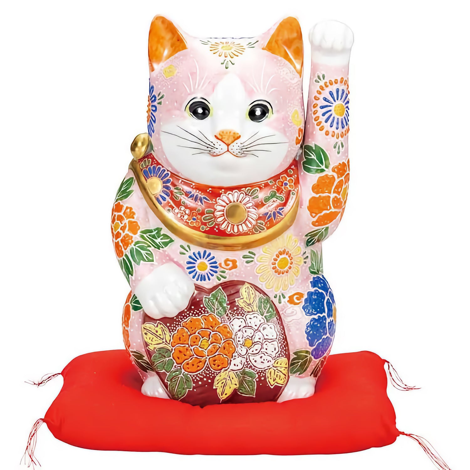 KUTANI JAPANESE LUCKY CAT (MANEKI NEKO) HOLDING A KOBAN COIN WITH PINK DECORATION
