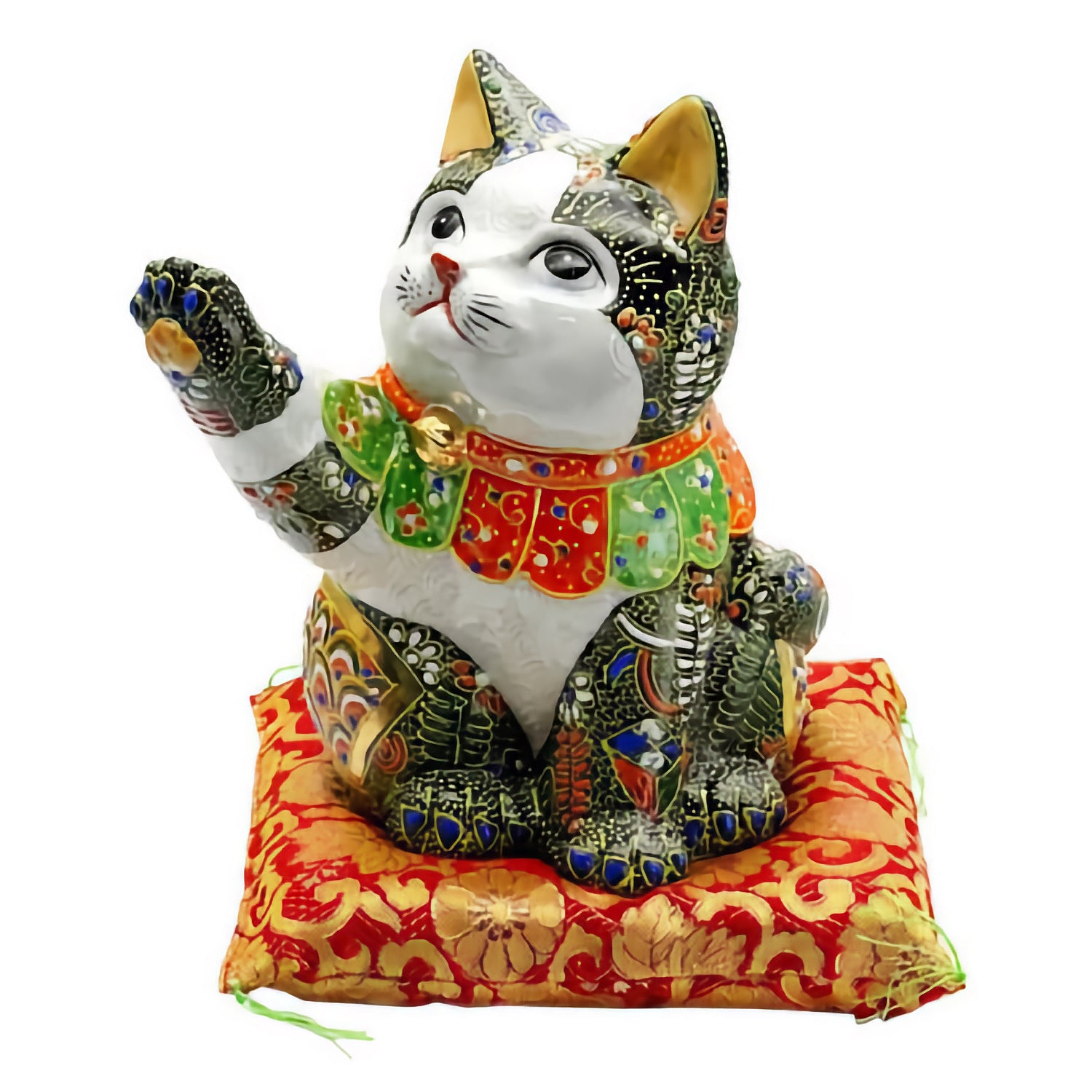 KUTANI JAPANESE LUCKY CAT(MANEKI NEKO) TOUCHING CAT BLACK RAISED PATTERN (WITH CUSHION)
