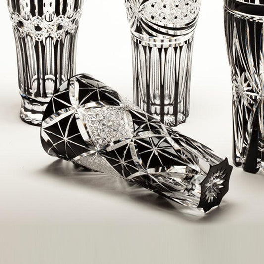 EDO KIRIKO CHRYSANTHEMUM LINKED PATTERN BEER GLASS - BLACK