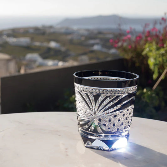 EDO KIRIKO OCTAGONAL KAGOME & CHRYSANTHEMUM KAGOME LINKED PATTERN OLD-FASHIONED GLASS - BLACK