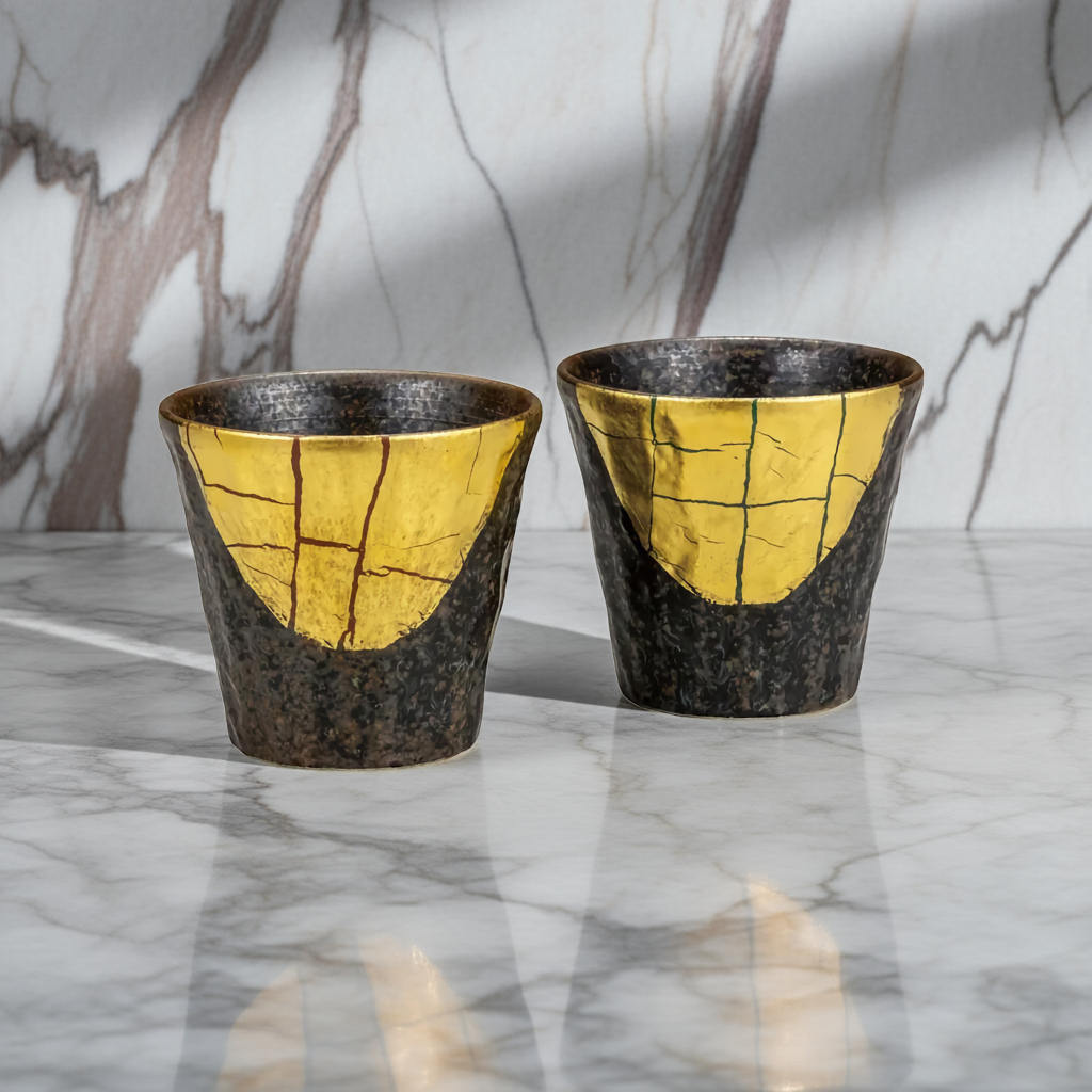 JAPANESE KUTANI PORCELAIN SHOCHU CUP SET (PAIR) – GOLD LEAF DECORATION