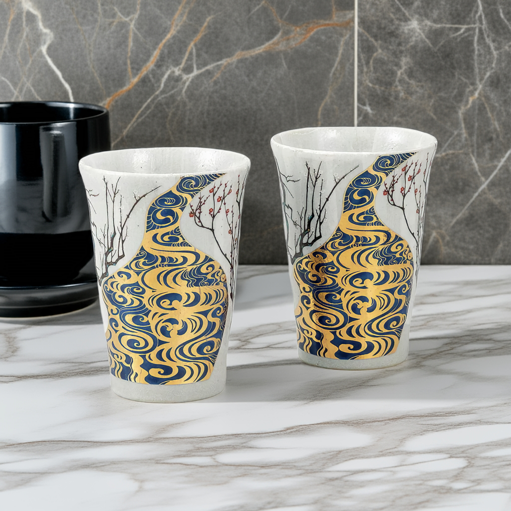 KUTANI WARE PAIR OF FREE CUPS KŌRIN PLUM BLOSSOMS