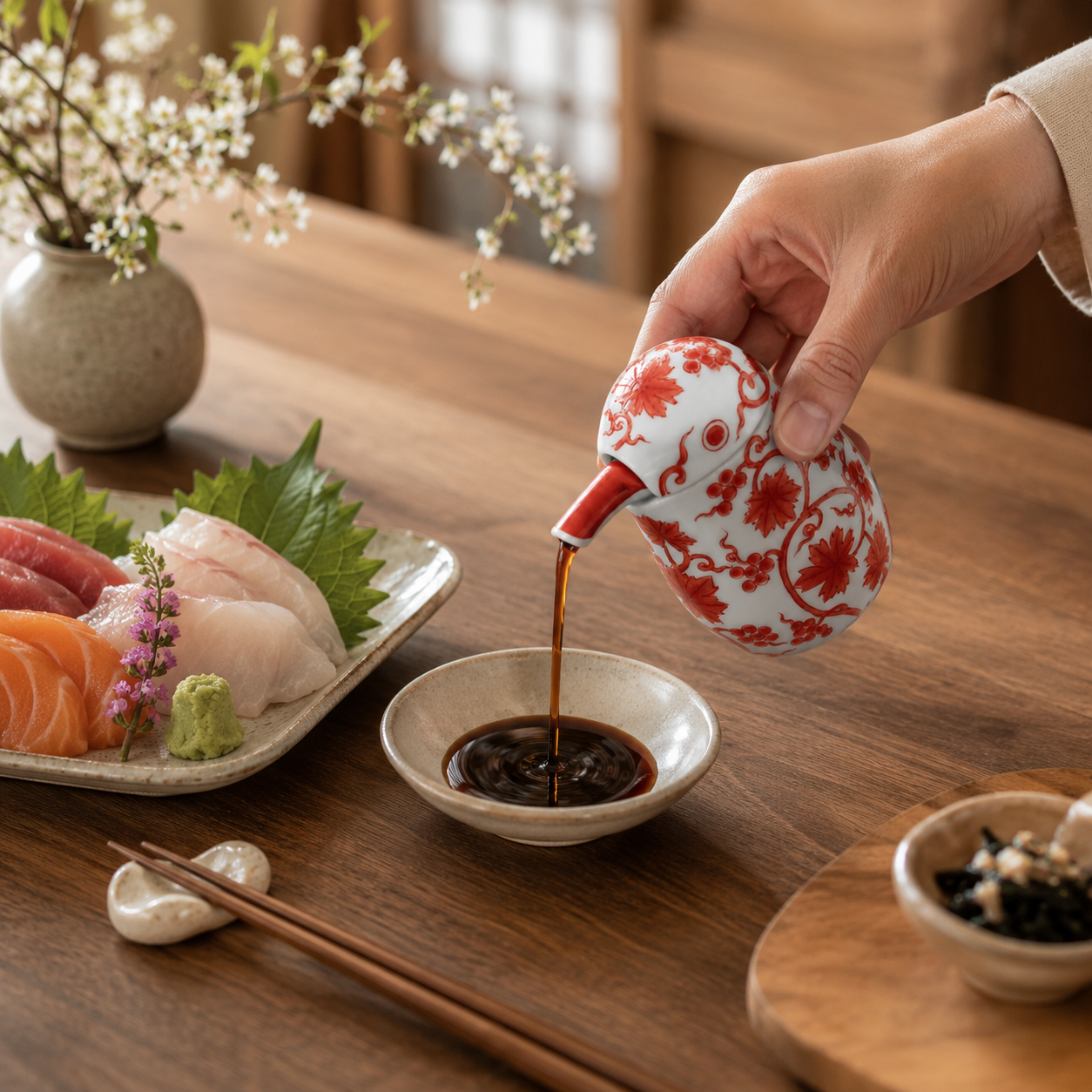 ARITA WARE NISHIKI RED ARABESQUE KINGFISHER-SHAPED SOY SAUCE