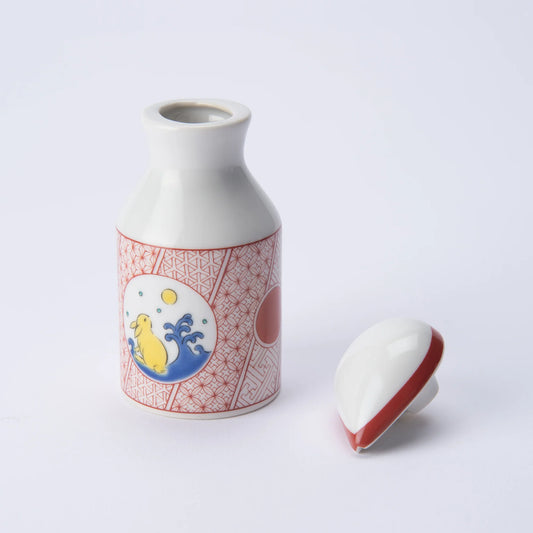 KUTANI WARE PATTERNED SOY SAUCE DISPENSER RABBIT DESIGN SEIKOU KILN, JAPANESE CERAMIC SAUCE CONTAINER