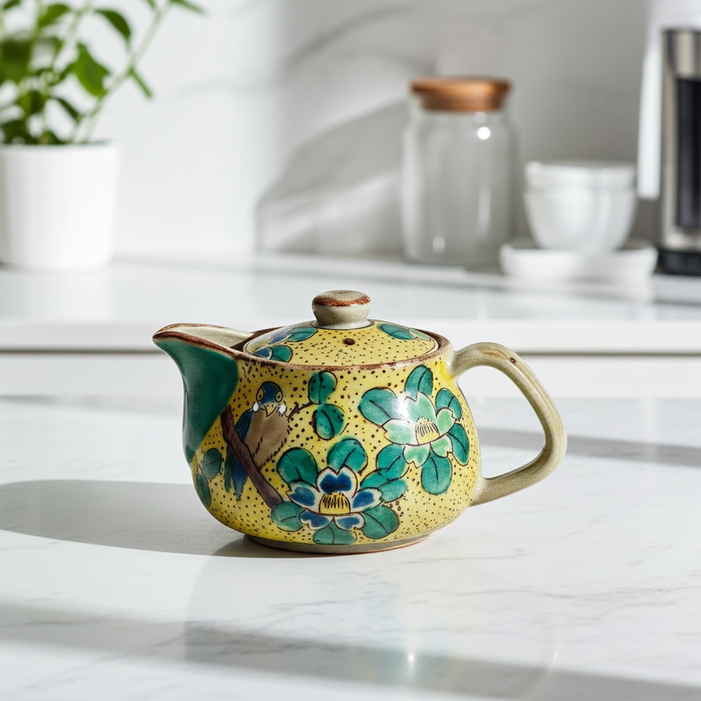 KUTANI WARE JAPNESE TEAPOT (YOSHIDAYA STYLE)CAMELLIA AND BIRD DESIGN (WITH NETTING)