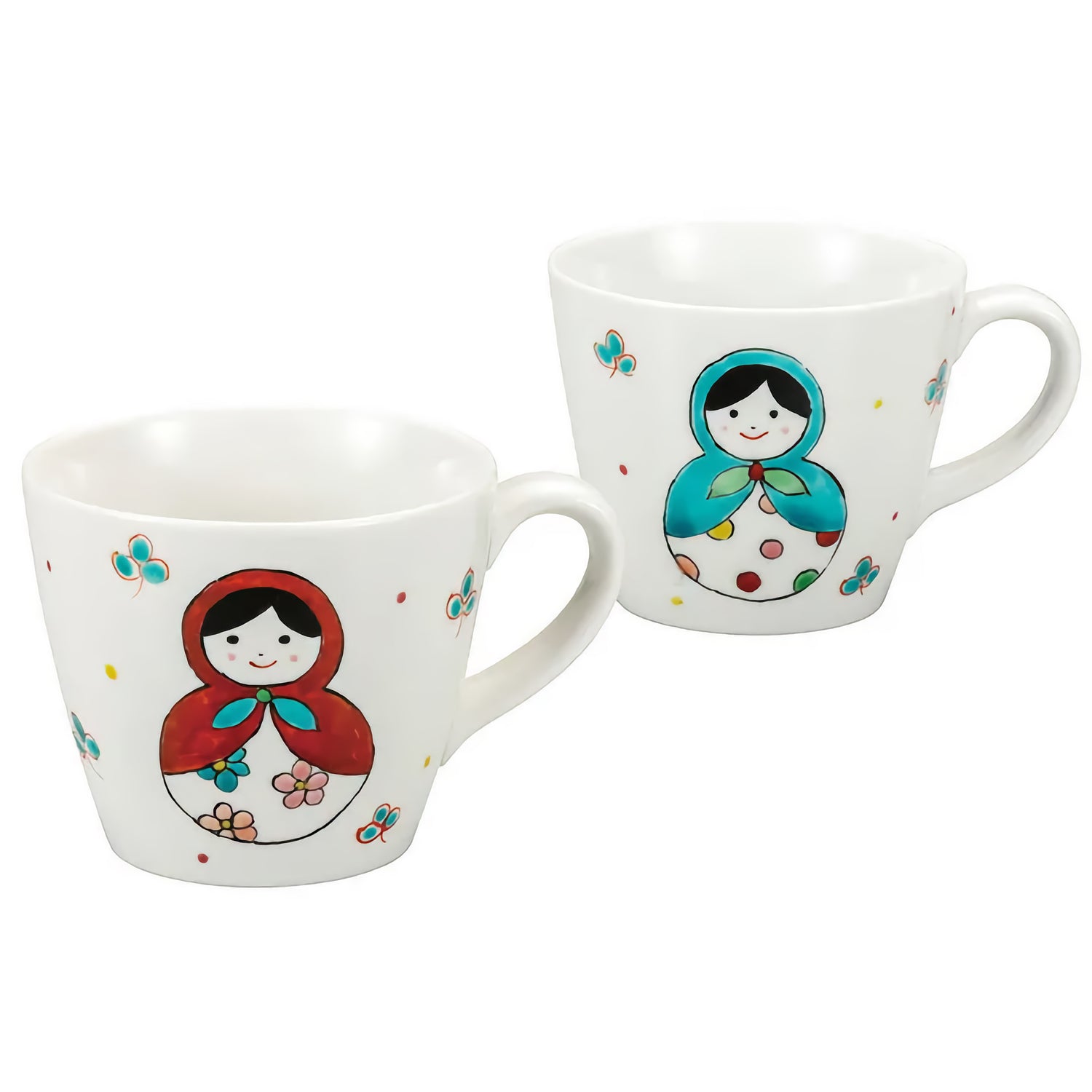 KUTANI WARE PAIR OF MUGS – JAPANESE PORCELAIN MATRYOSHKA DOLL DESIGN