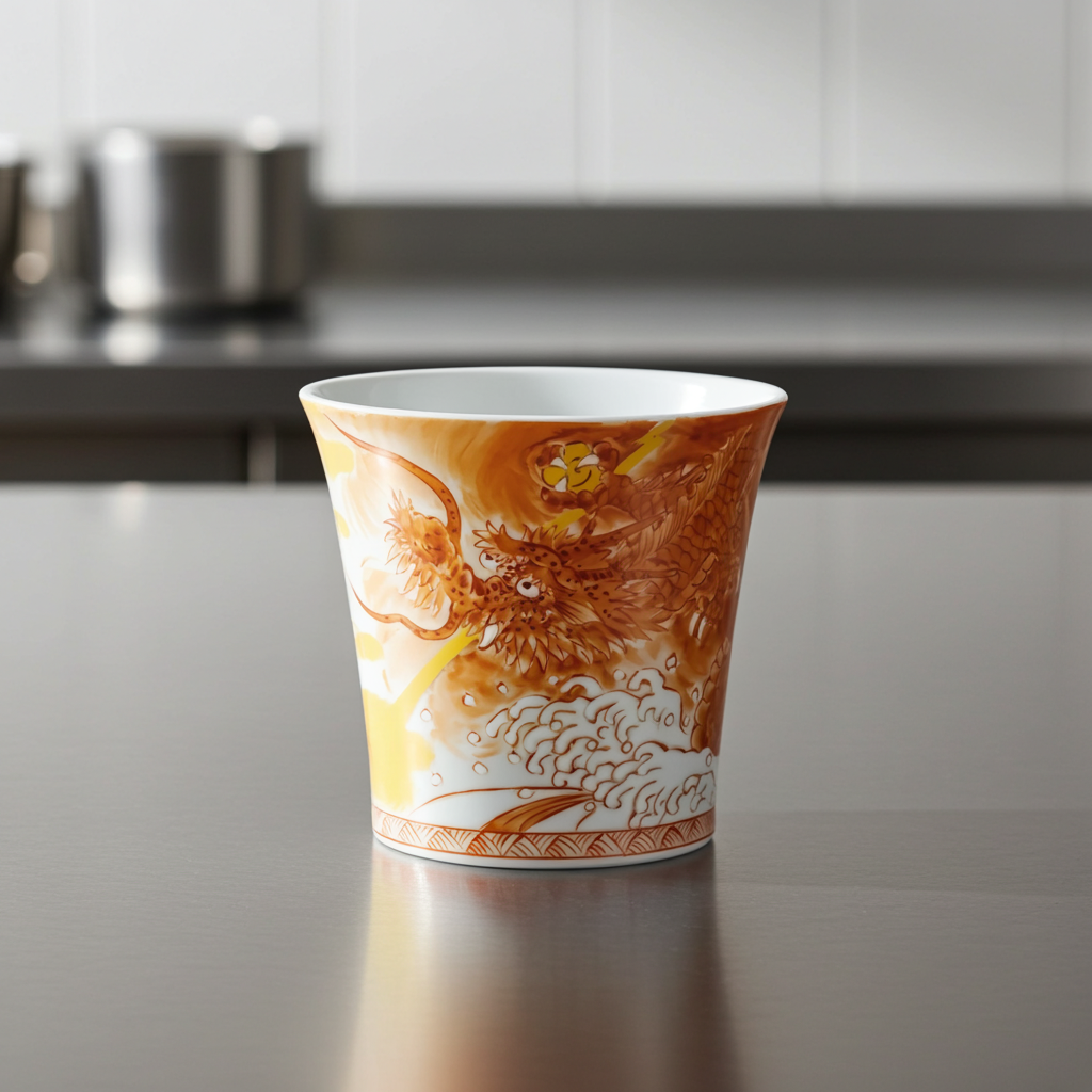 KUTANI WARE SHOCHU CUP – HAND-PAINTED RED DRAGON GOD DESIGN BY YOSHINORI FUKUDA