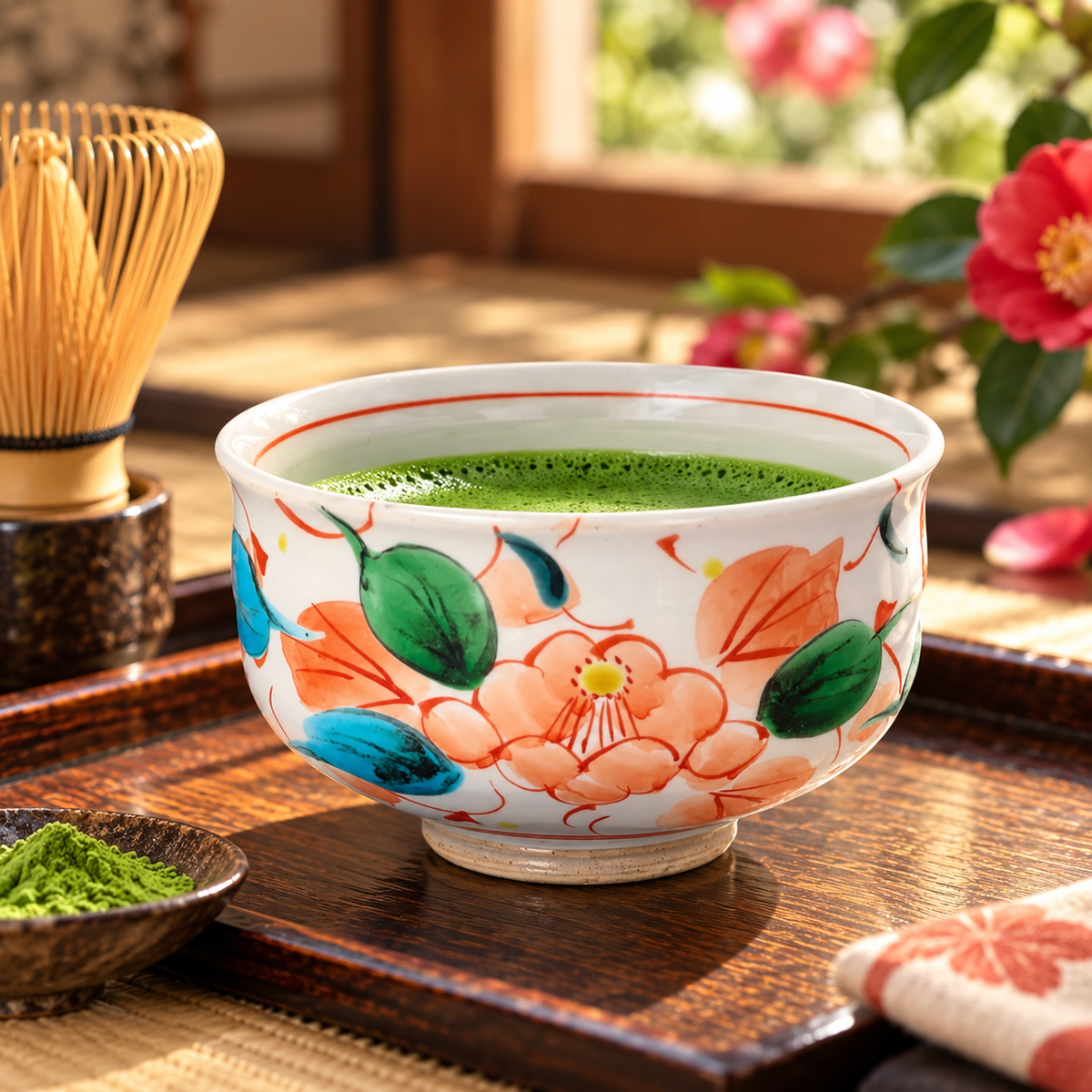 KUTANI WARE MATCHA BOWL – CAMELLIA & ARABESQUE DESIGN / KOKUZOU KILN