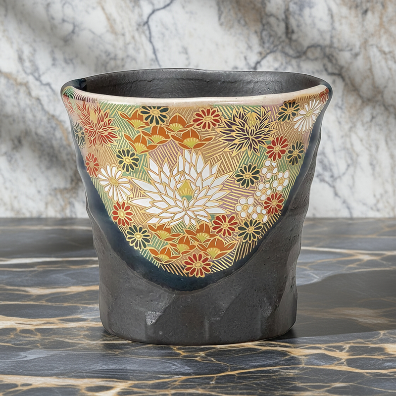 KUTANI WARE PAIR OF SHOCHU CUPS KIN HANAZUME