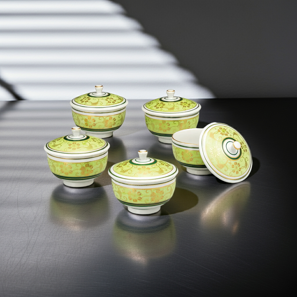 KUTANI WARE LIDDED TEA CUP SET – SHIROCHIBU TESSEN GREEN (GIFT BOXED)