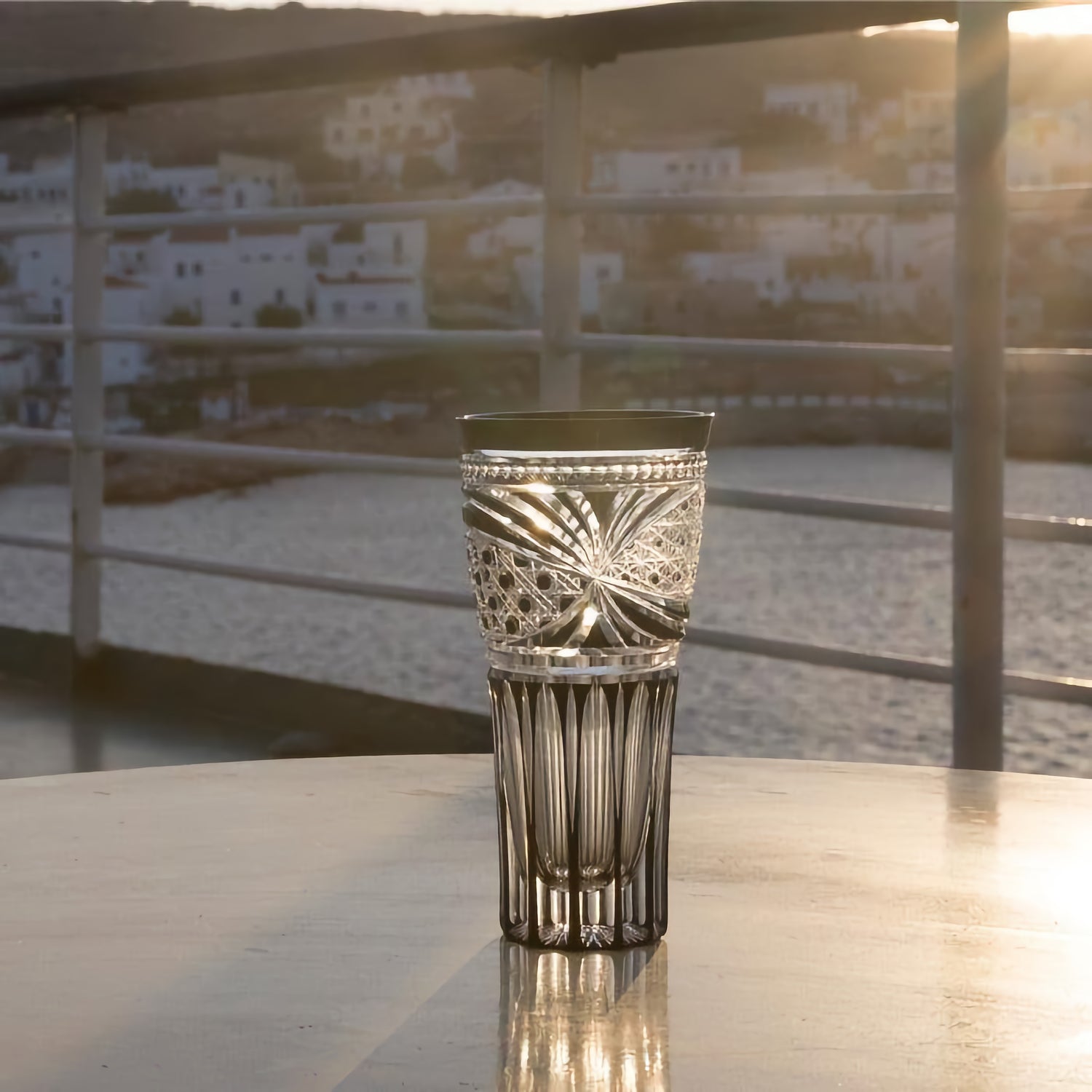 EDO KIRIKO OCTAGONAL KAGOME & CHRYSANTHEMUM KAGOME PATTERN BEER GLASS - BLACK