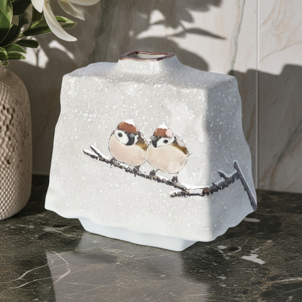 KUTANI WARE TRAPEZOID VASE “TWO SPARROWS IN SNOW” BY TOSHITO NAKAMURA (GIFT BOX INCLUDED)