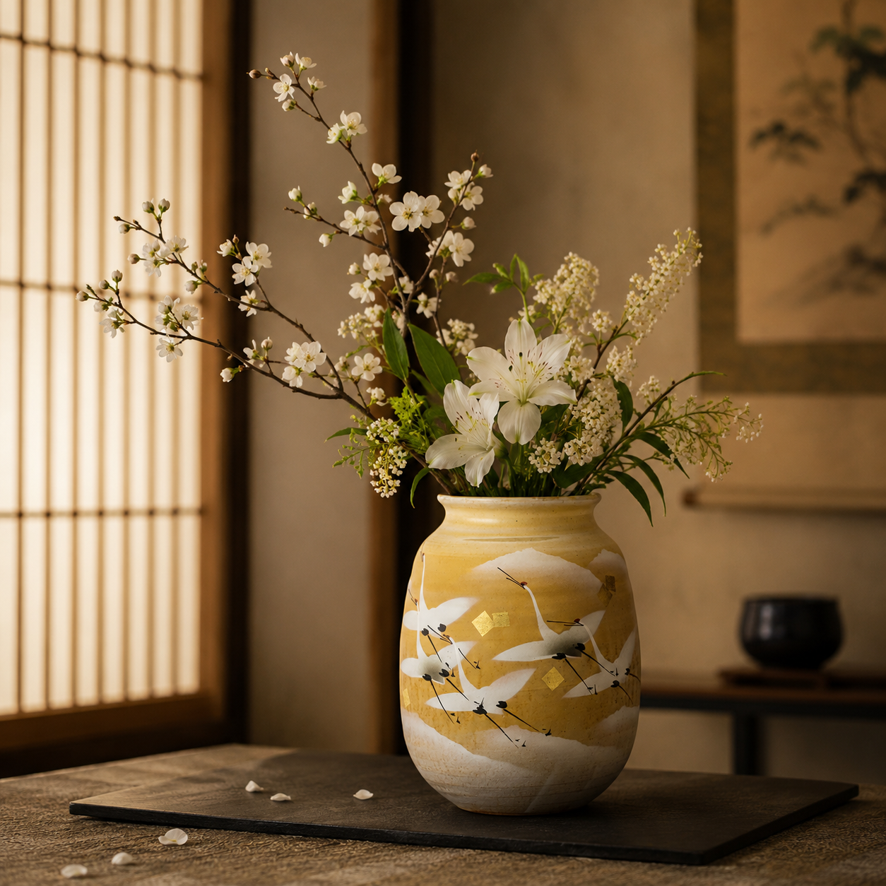KUTANI JAPANESE NATUME FLOWER VASE GOLD LEAF CRANE/ TOYOSHI YAMADA