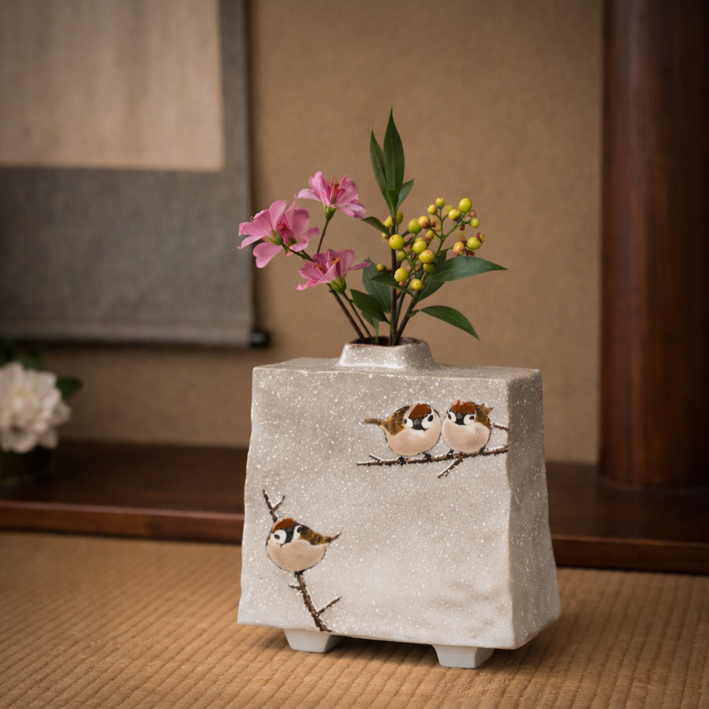 KUTANI WARE FLAT SQUARE VASE – “THREE SPARROWS IN SNOW” BY TOSHITO NAKAMURA