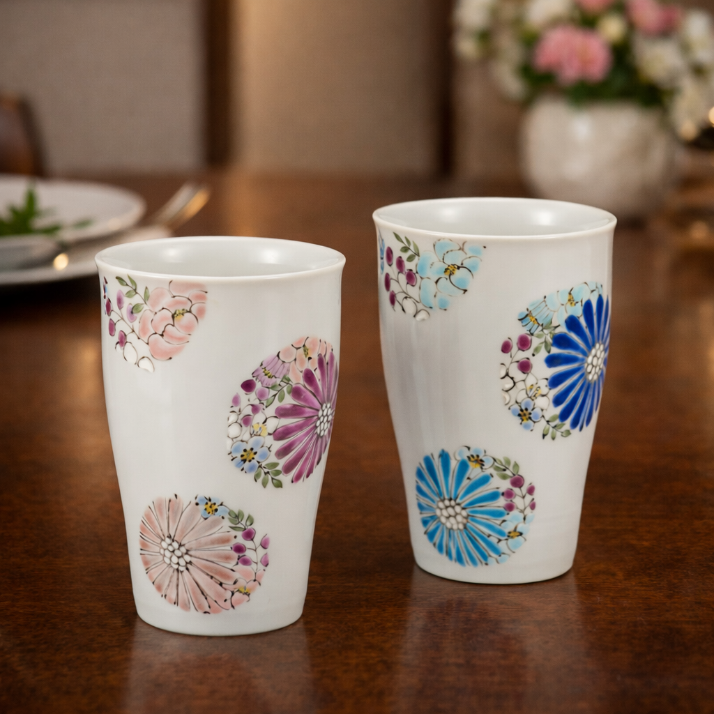 KUTANI WARE PAIR FREE CUPS – “HANA” (FLORAL DESIGN) BY IROE YU