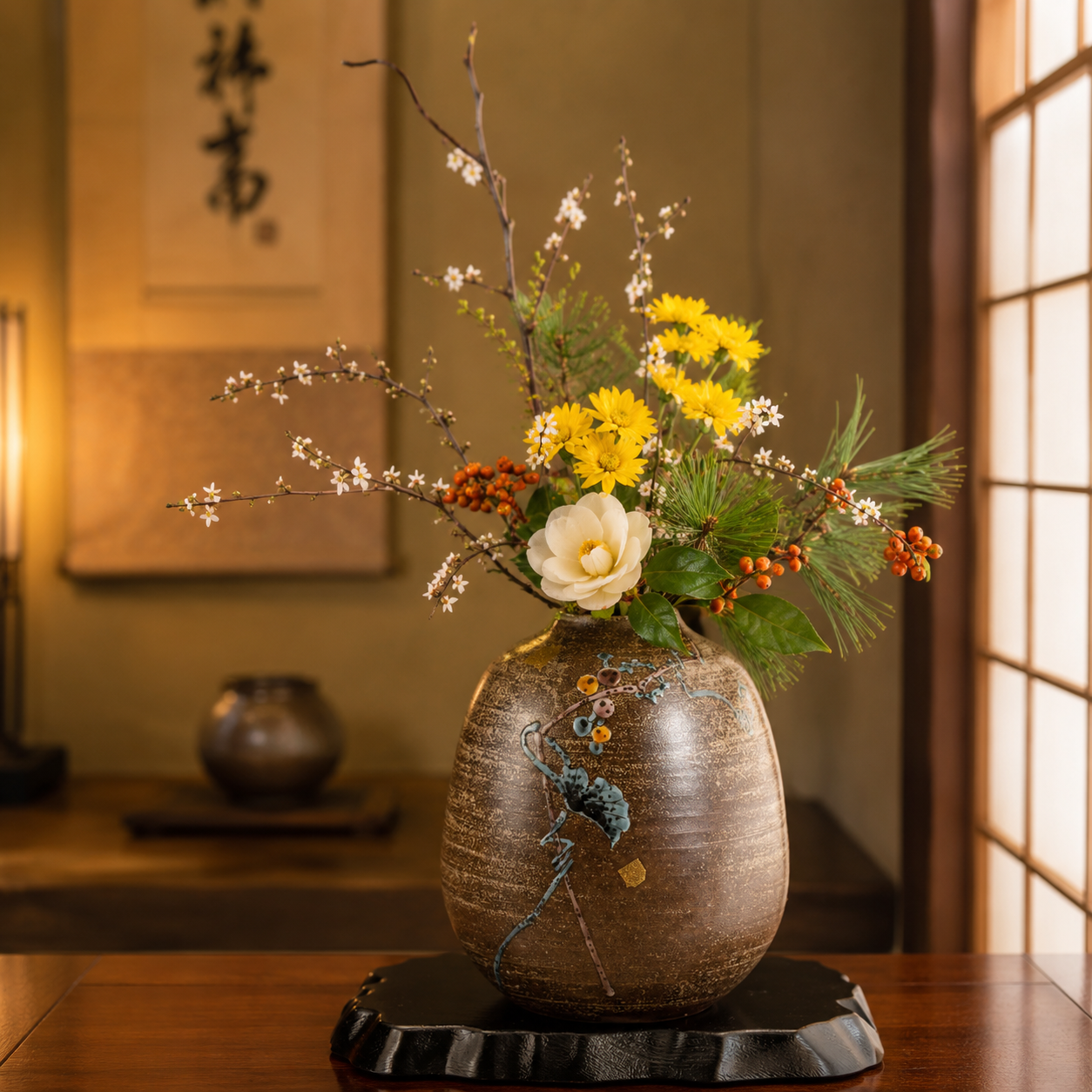 KUTANI WARE VASE WITH STAND – HAND-PAINTED JAPANESE PORCELAIN ‘WILD GRAPE’ DESIGN BY YOSHINORI FUKUDA