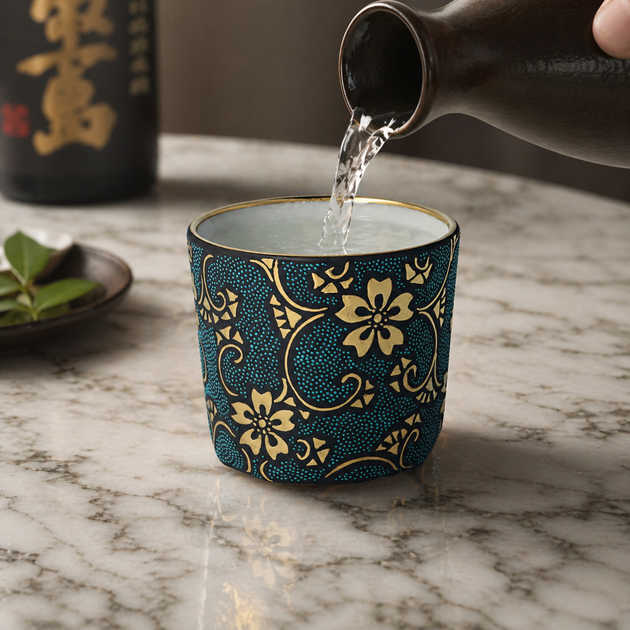KUTANI WARE JAPANESE SAKE CUP (STRAIGHT STYLE) – MORIKIN SAKURA & KARAKUSA DESIGN WITH AOCHIBU BLUE DOTS BY KINGYOKU NAKADA