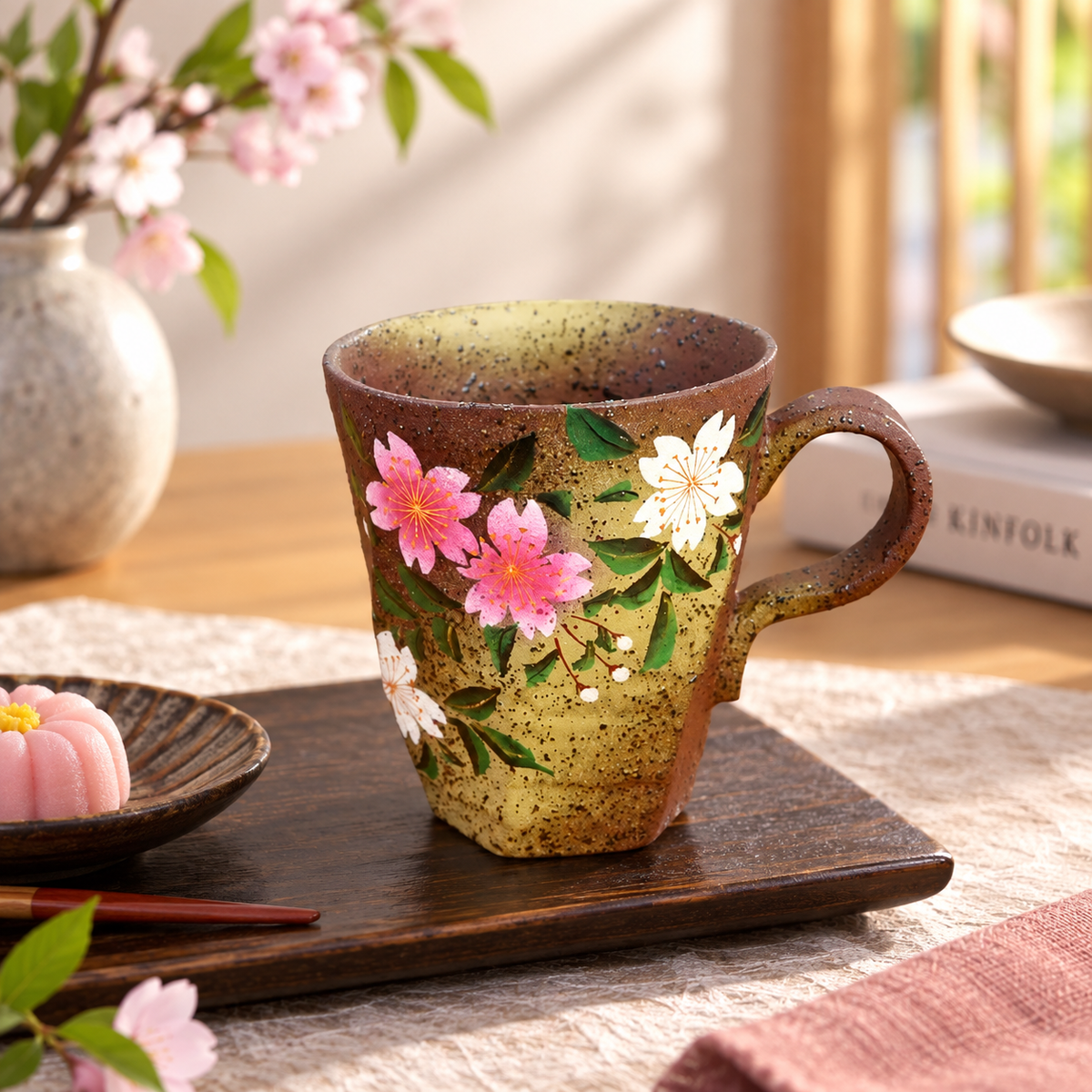 KUTANI WARE ROUGH-HEWN MUG CUP - HANA KASUMI SAKURA/ BIZAN KILN